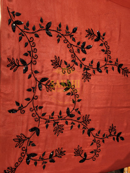 Maroon Crepe Saree with Hand  Embroidery