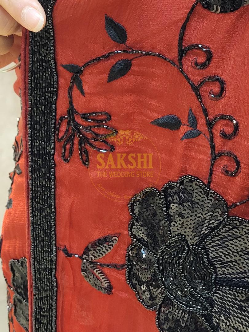 Maroon Crepe Saree with Hand  Embroidery