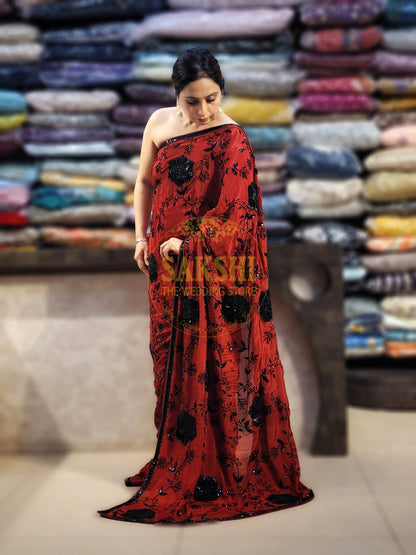 Maroon Crepe Saree with Hand  Embroidery