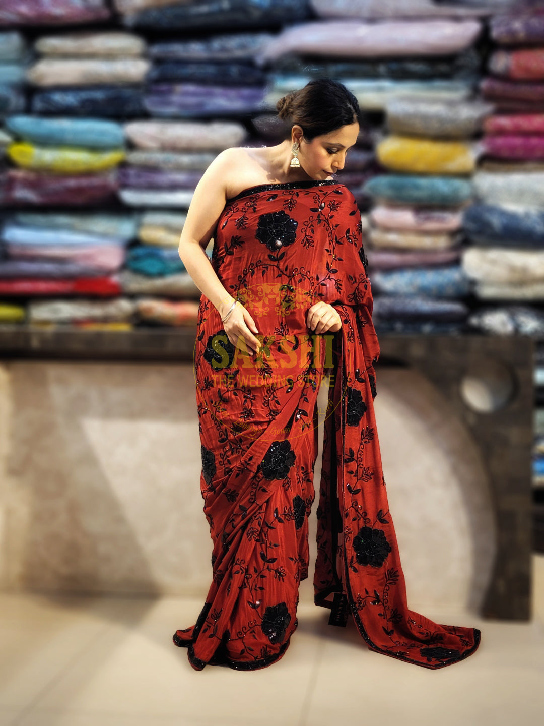 Maroon Crepe Saree with Hand  Embroidery