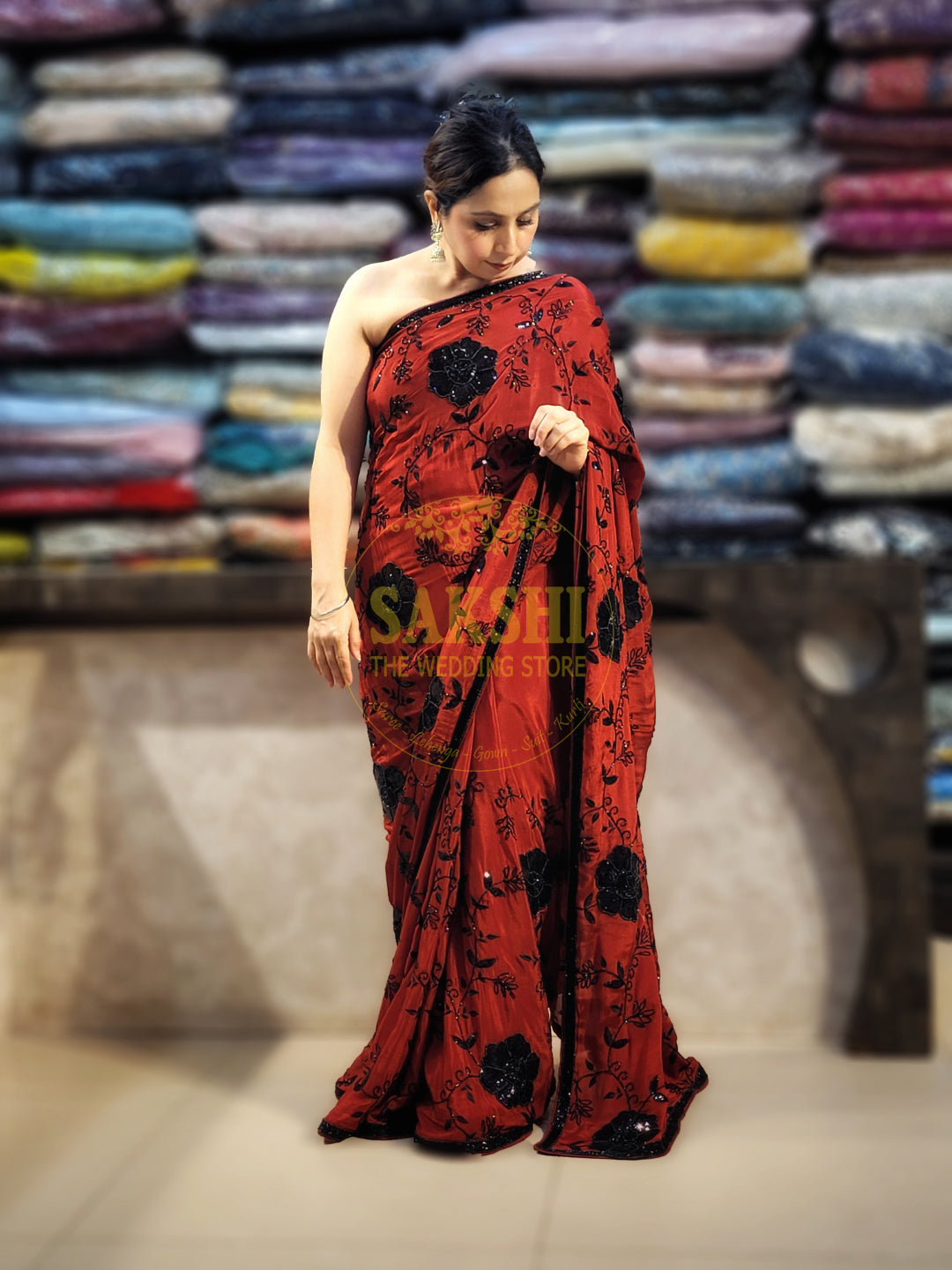 Maroon Crepe Saree with Hand  Embroidery