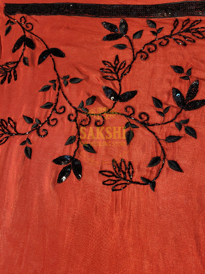 Maroon Crepe Saree with Hand  Embroidery