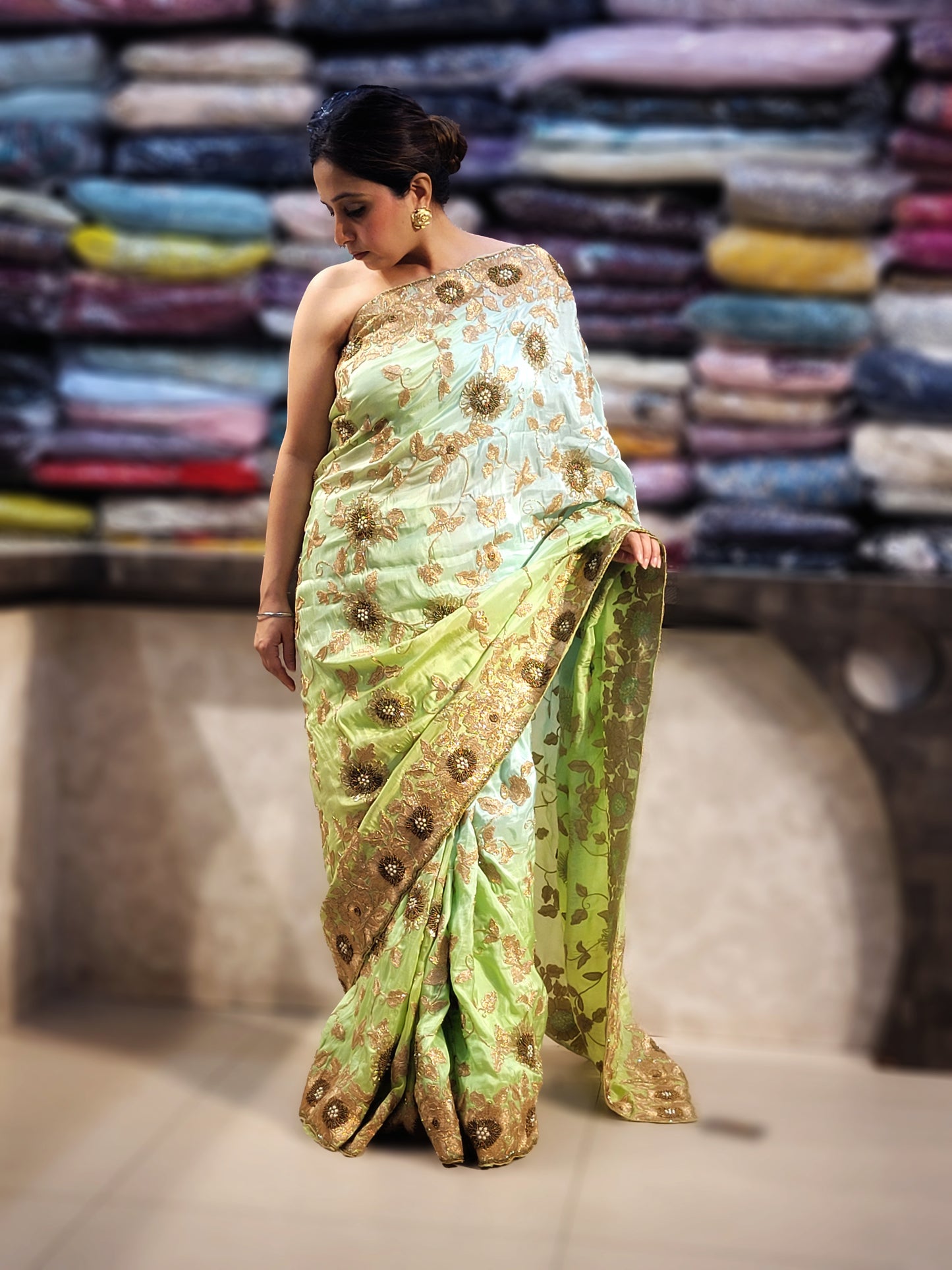 Pista Green Ombre Crepe Silk Handwork Saree