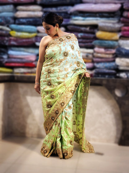 Pista Green Ombre Crepe Silk Handwork Saree