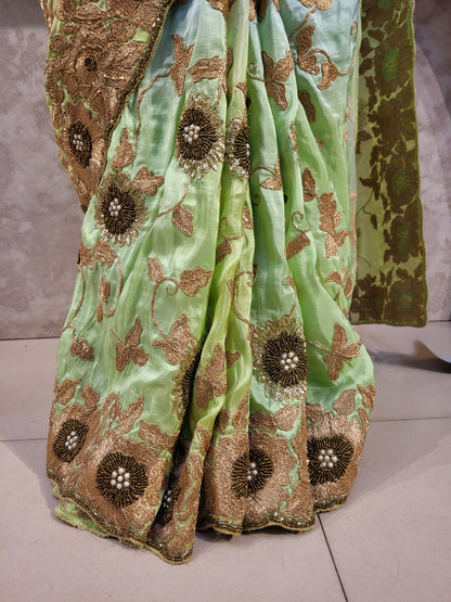 Pista Green Ombre Crepe Silk Handwork Saree