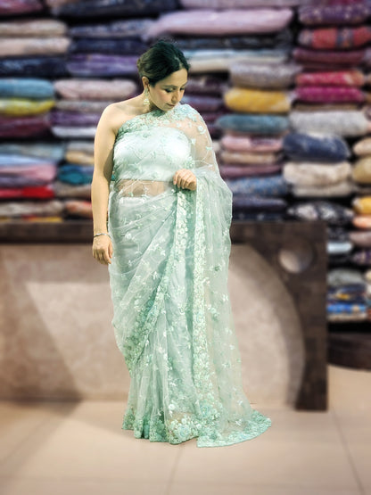 Alia Bhatt Met Gala look inspired Sea Green Handwork Net Saree