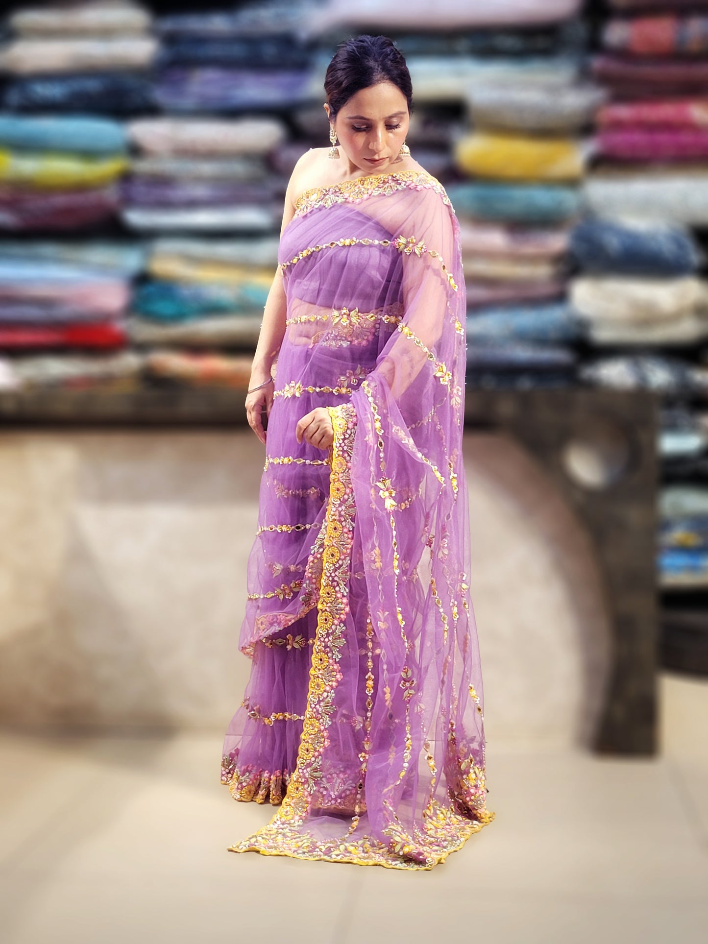 Lavender Purple Net Saree with Papa Dont Preach Inspired Embroidery