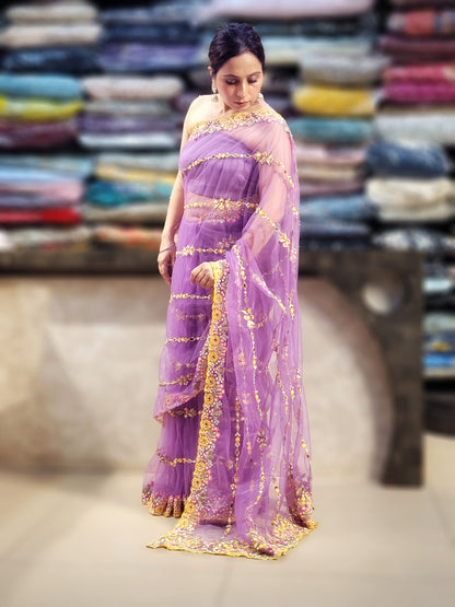Lavender Purple Net Saree with Papa Dont Preach Inspired Embroidery