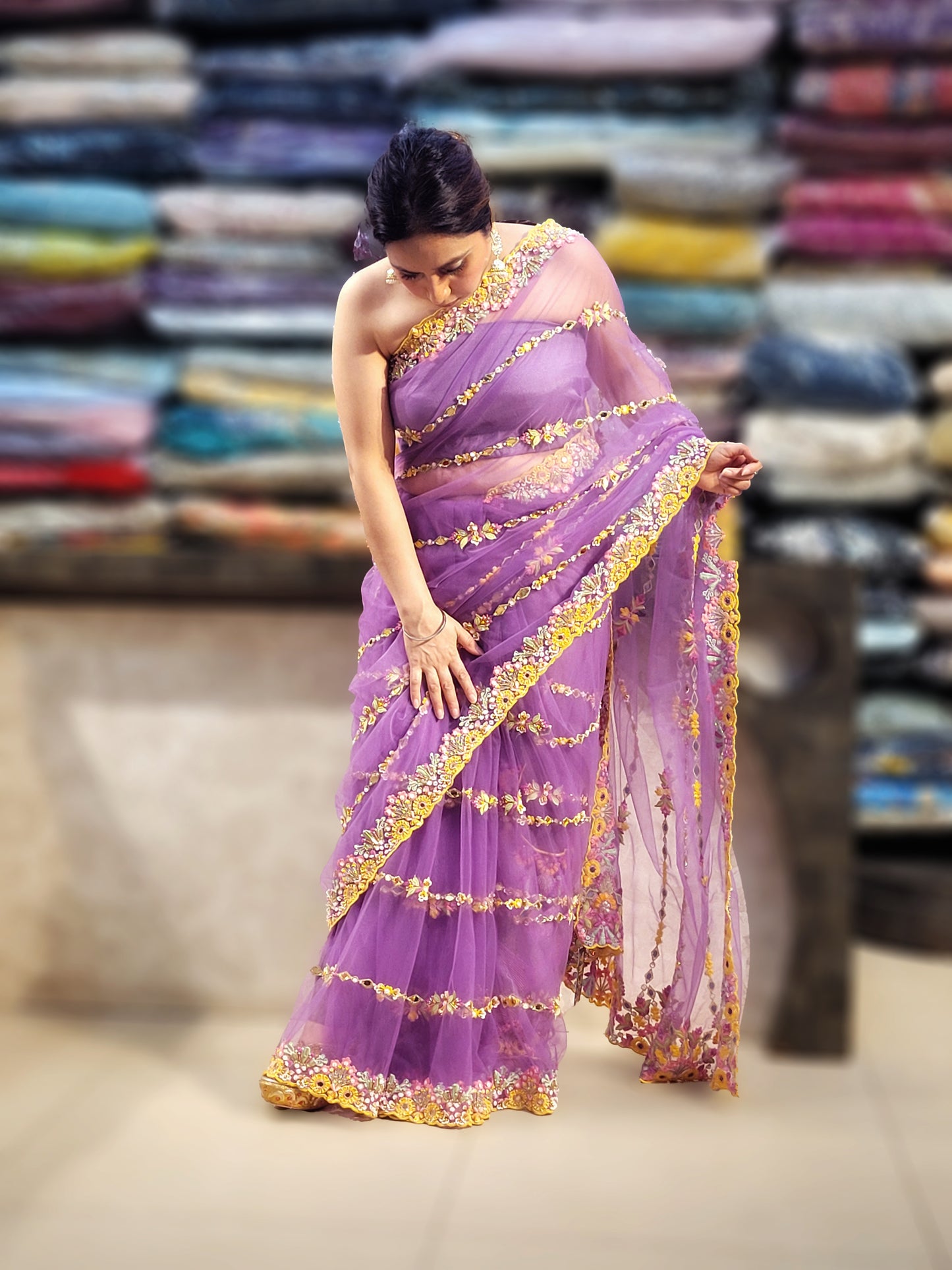 Lavender Purple Net Saree with Papa Dont Preach Inspired Embroidery
