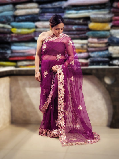 Alia Bhatt Met Gala look inspired Purple Handwork Net Saree