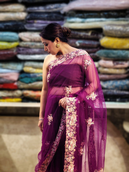 Alia Bhatt Met Gala look inspired Purple Handwork Net Saree