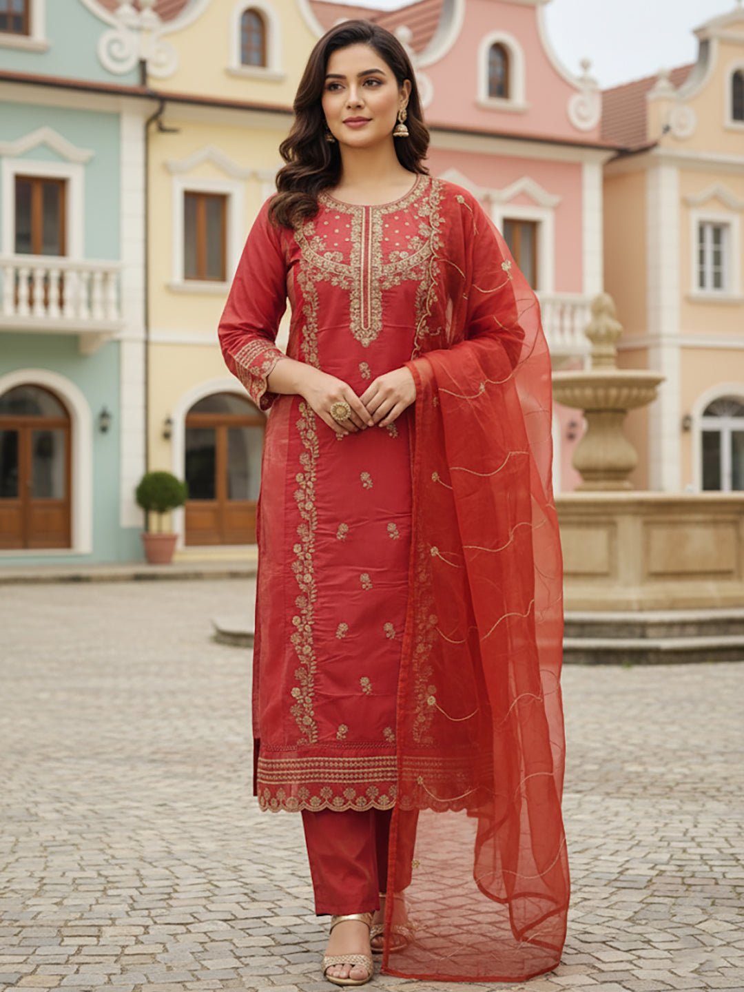 Rust Orange Party Wear Kurta Set. Zari work embroidery on kameez front panel, daaman, Heavy embroidered dupatta.
