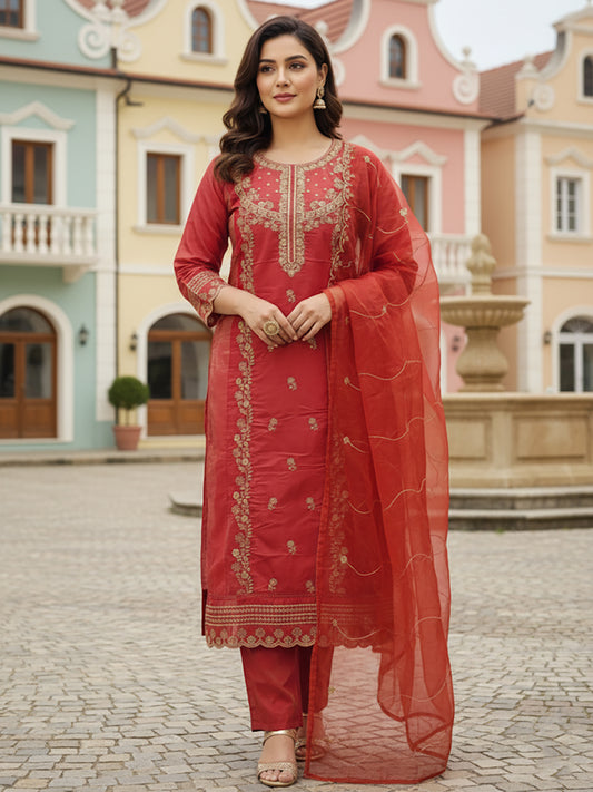Rust Orange Party Wear Kurta Set. Zari work embroidery on kameez front panel, daaman, Heavy embroidered dupatta.