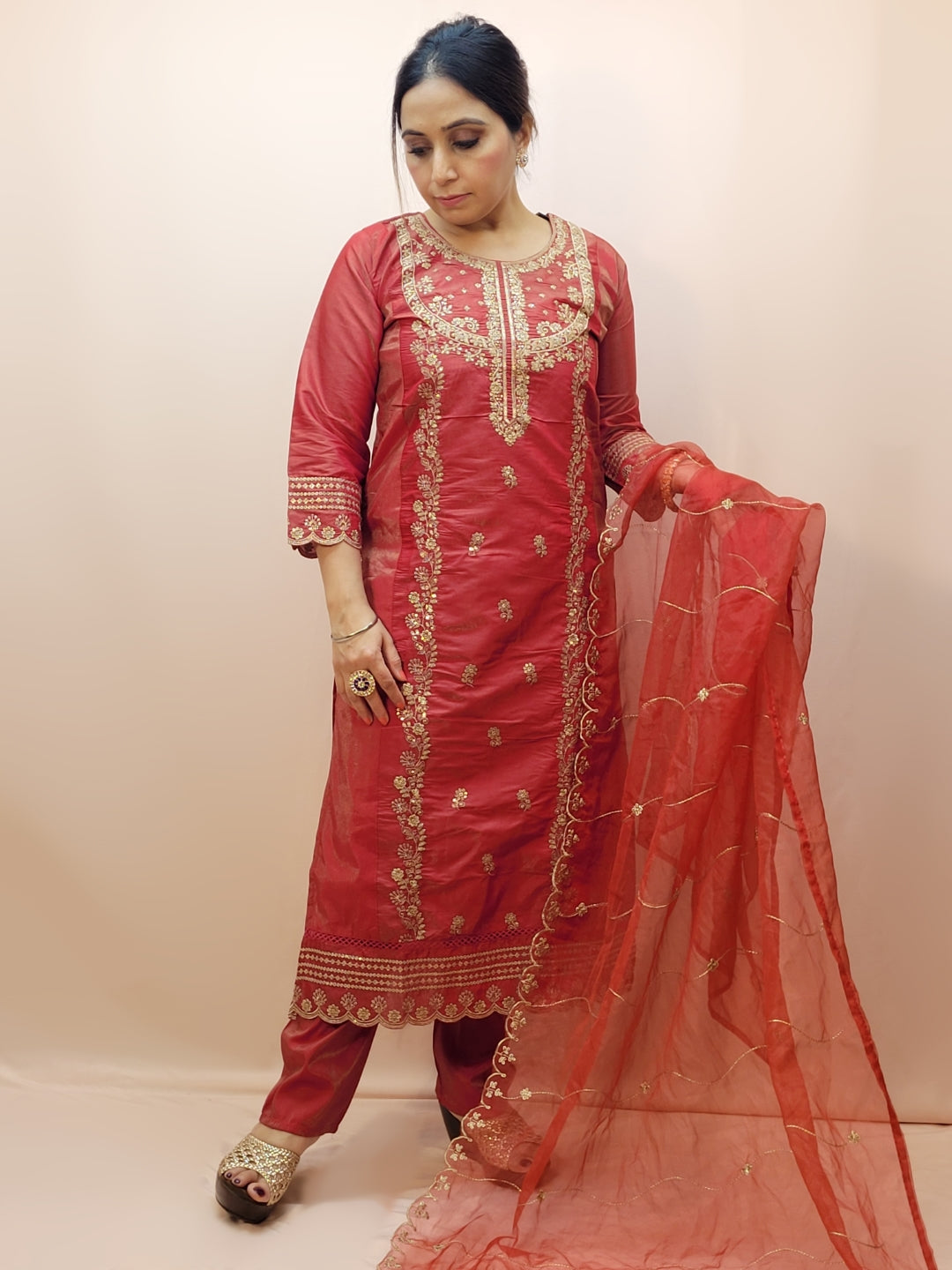Rust Orange Party Wear Kurta Set. Zari work embroidery on kameez front panel, daaman, Heavy embroidered dupatta.