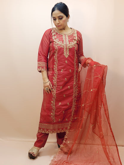 Rust Orange Party Wear Kurta Set. Zari work embroidery on kameez front panel, daaman, Heavy embroidered dupatta.
