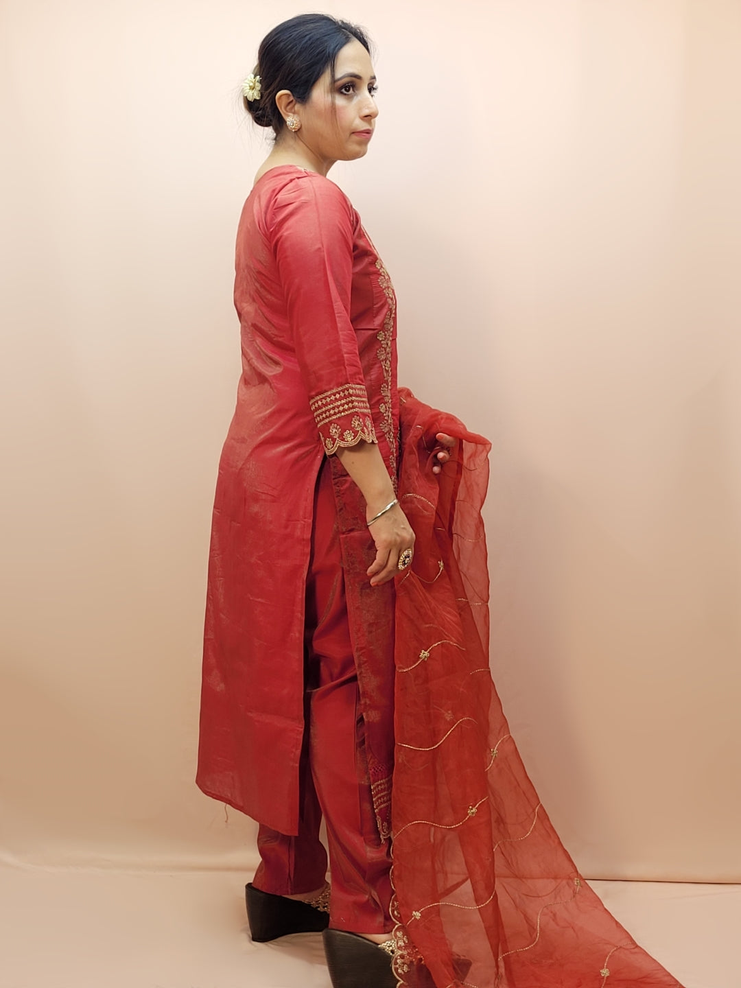 Rust Orange Party Wear Kurta Set. Zari work embroidery on kameez front panel, daaman, Heavy embroidered dupatta.