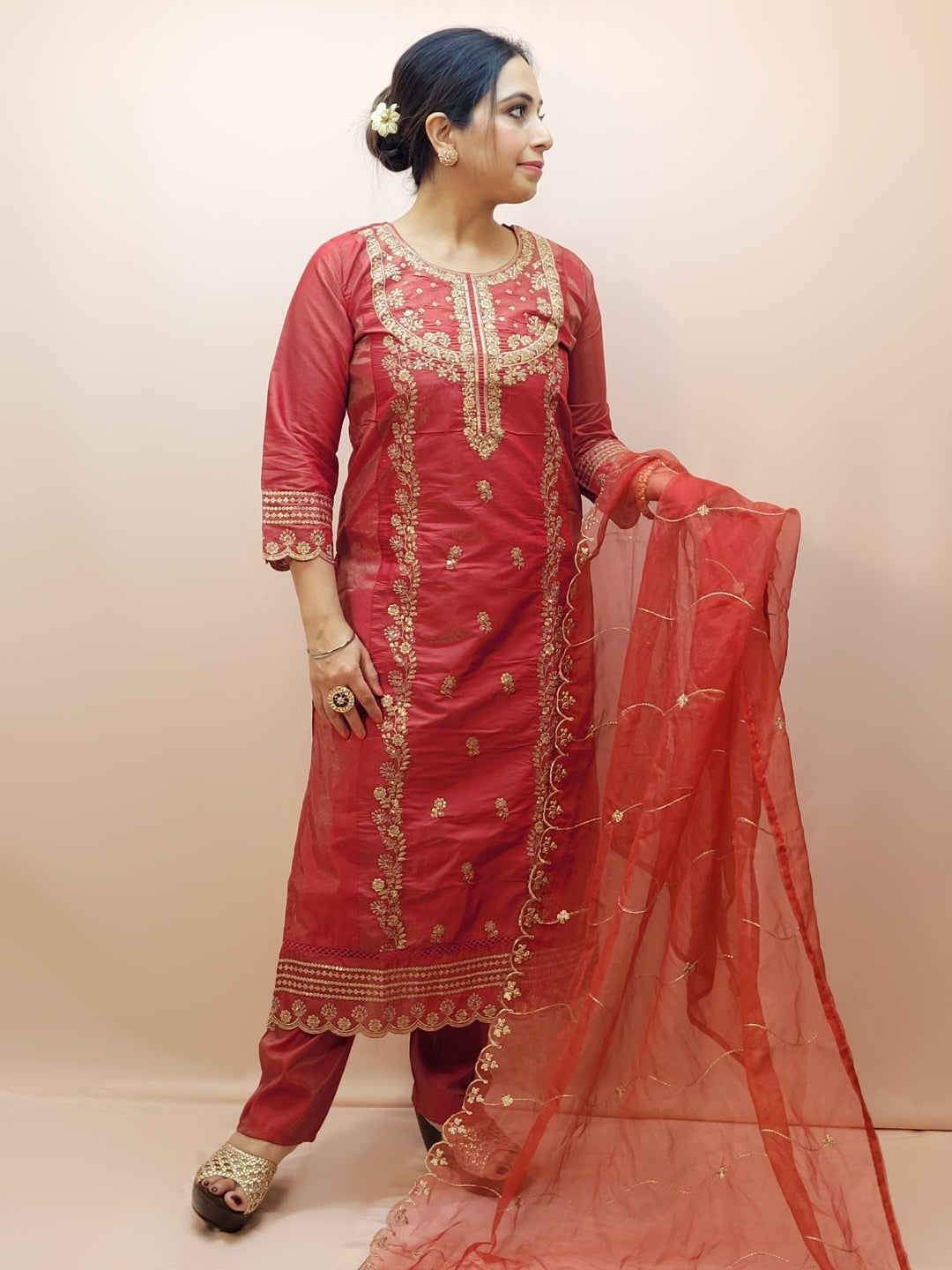 Rust Orange Party Wear Kurta Set. Zari work embroidery on kameez front panel, daaman, Heavy embroidered dupatta.