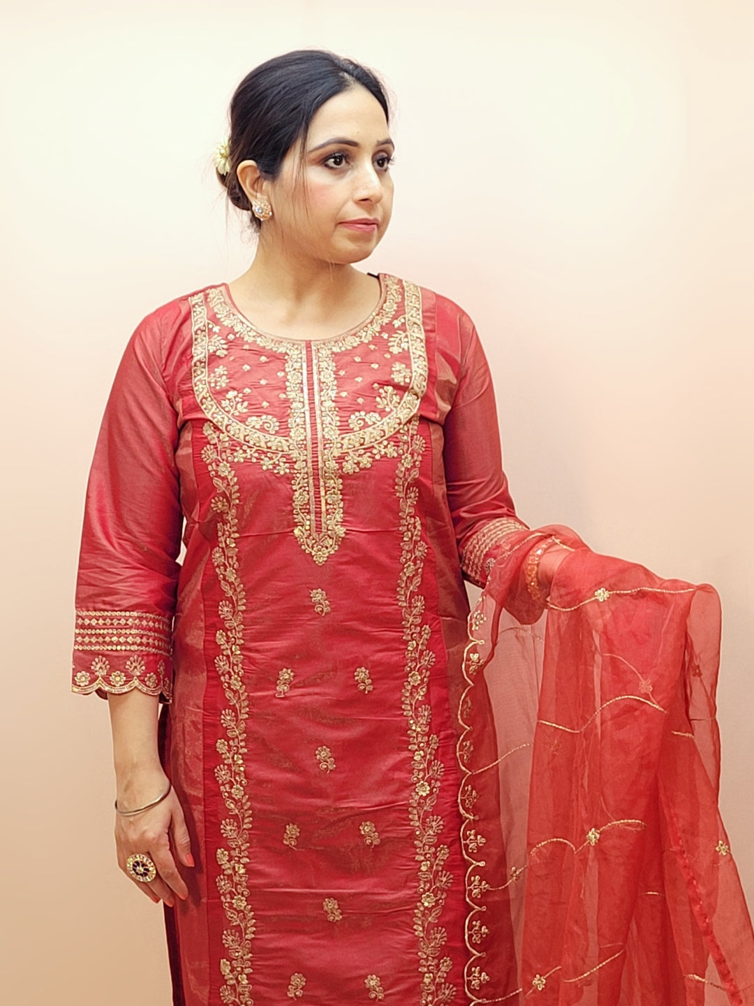 Rust Orange Party Wear Kurta Set. Zari work embroidery on kameez front panel, daaman, Heavy embroidered dupatta.