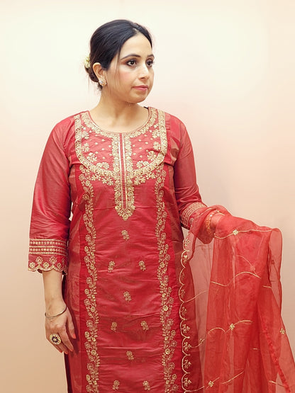 Rust Orange Party Wear Kurta Set. Zari work embroidery on kameez front panel, daaman, Heavy embroidered dupatta.
