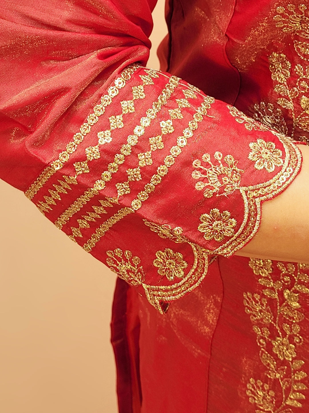 Rust Orange Party Wear Kurta Set. Zari work embroidery on kameez front panel, daaman, Heavy embroidered dupatta.