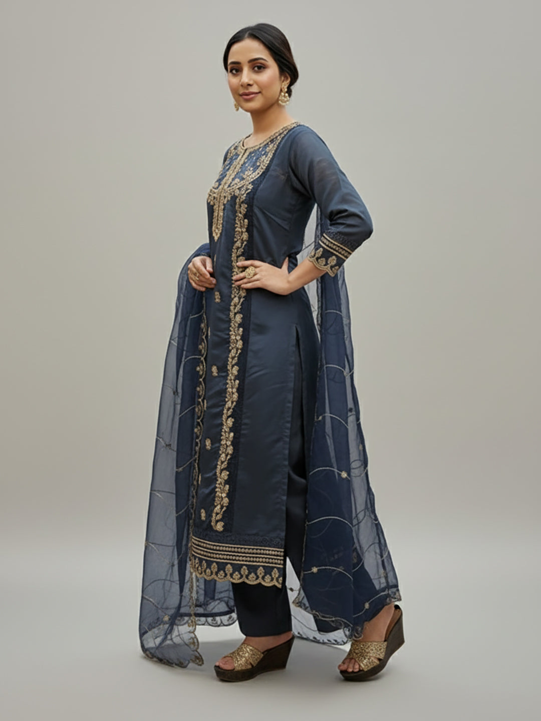 Blue Straight Suit Set for Women