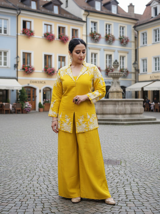 Yellow Indo Western Palazzo Dress. White Resham embroidery on collar, sleeves and daaman. Great choice for Haldi function.