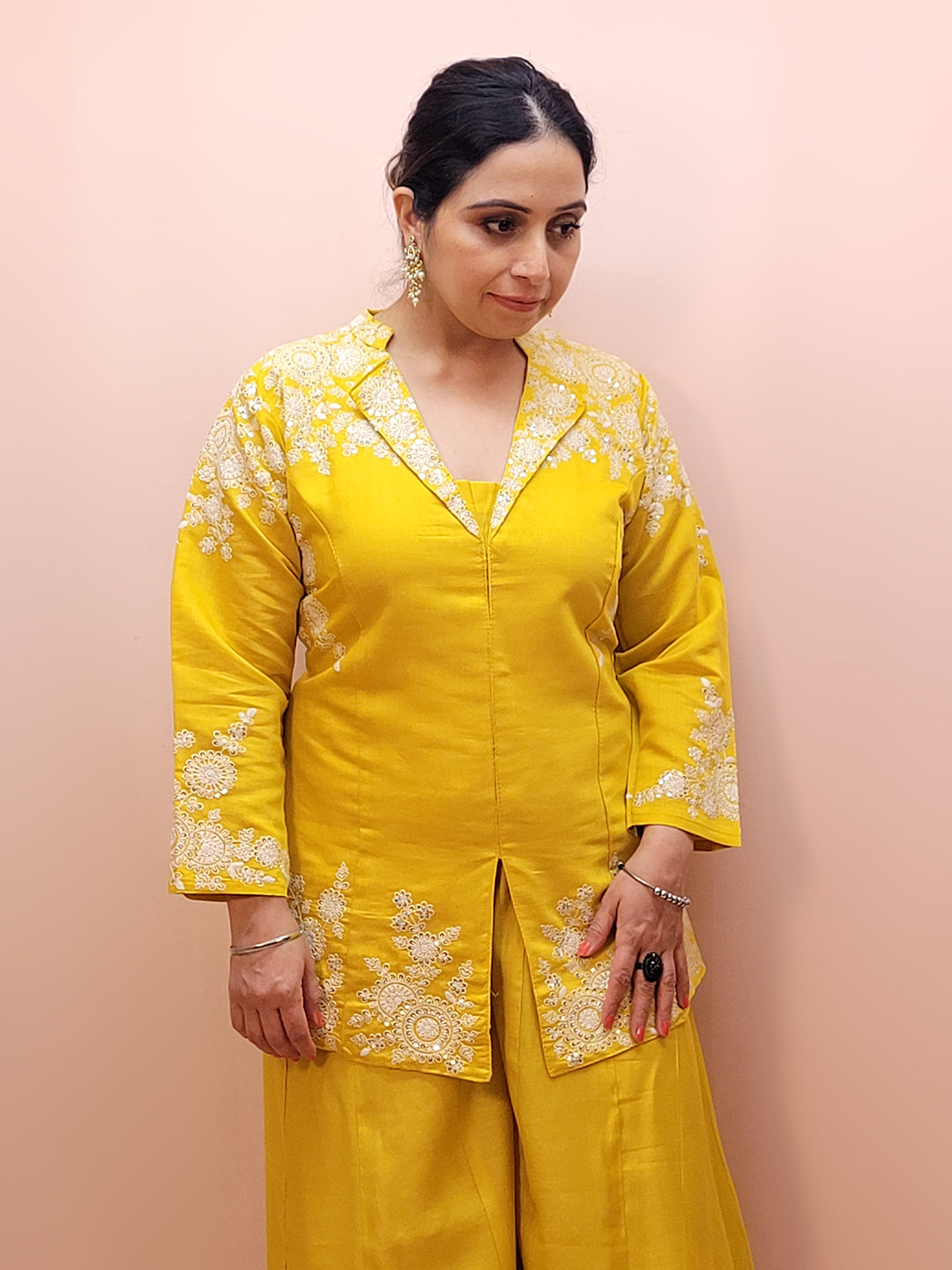 Yellow Indo Western Palazzo Dress. White Resham embroidery on collar, sleeves and daaman. Great choice for Haldi function.