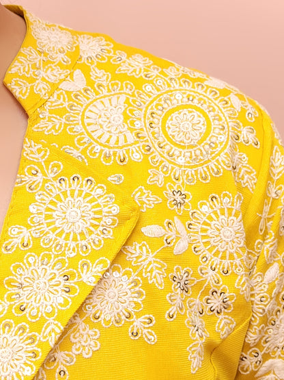 Yellow Indo Western Palazzo Dress. White Resham embroidery on collar, sleeves and daaman. Great choice for Haldi function.