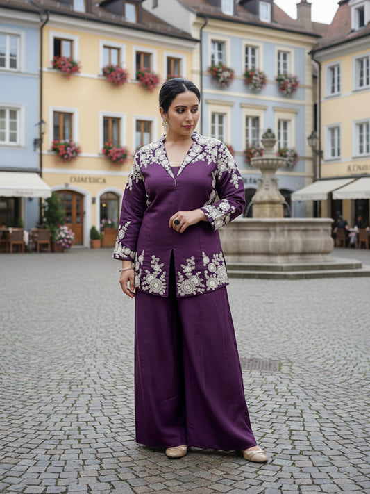 Purple Indo Western Palazzo Dress. White Resham embroidery on collar, sleeves and daaman.