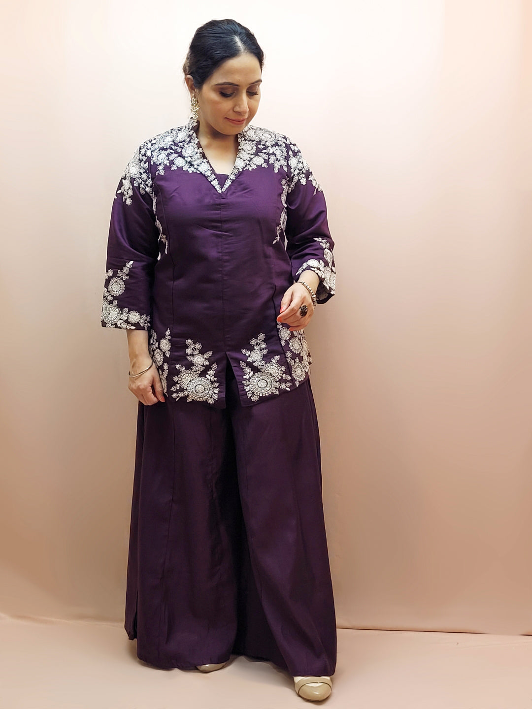 Purple Indo Western Palazzo Dress. White Resham embroidery on collar, sleeves and daaman.