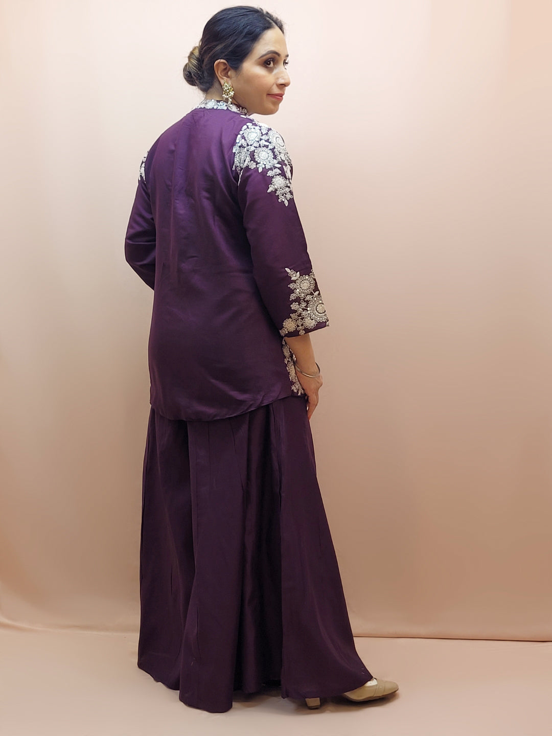 Purple Indo Western Palazzo Dress. White Resham embroidery on collar, sleeves and daaman.