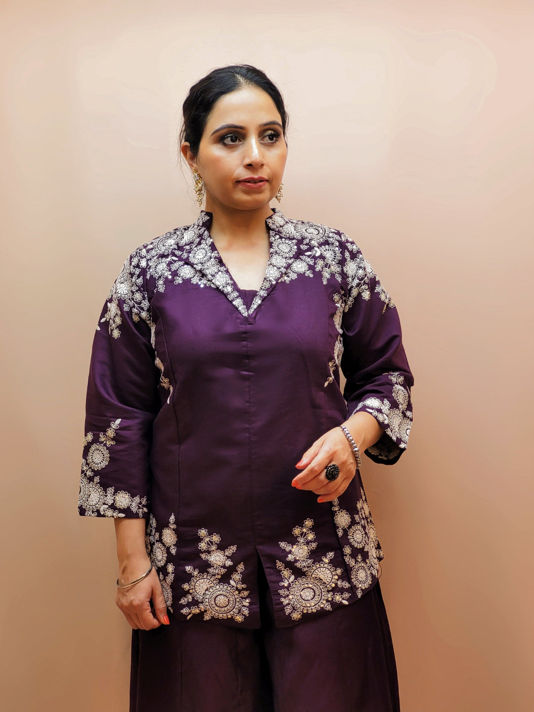 Purple Indo Western Palazzo Dress. White Resham embroidery on collar, sleeves and daaman.