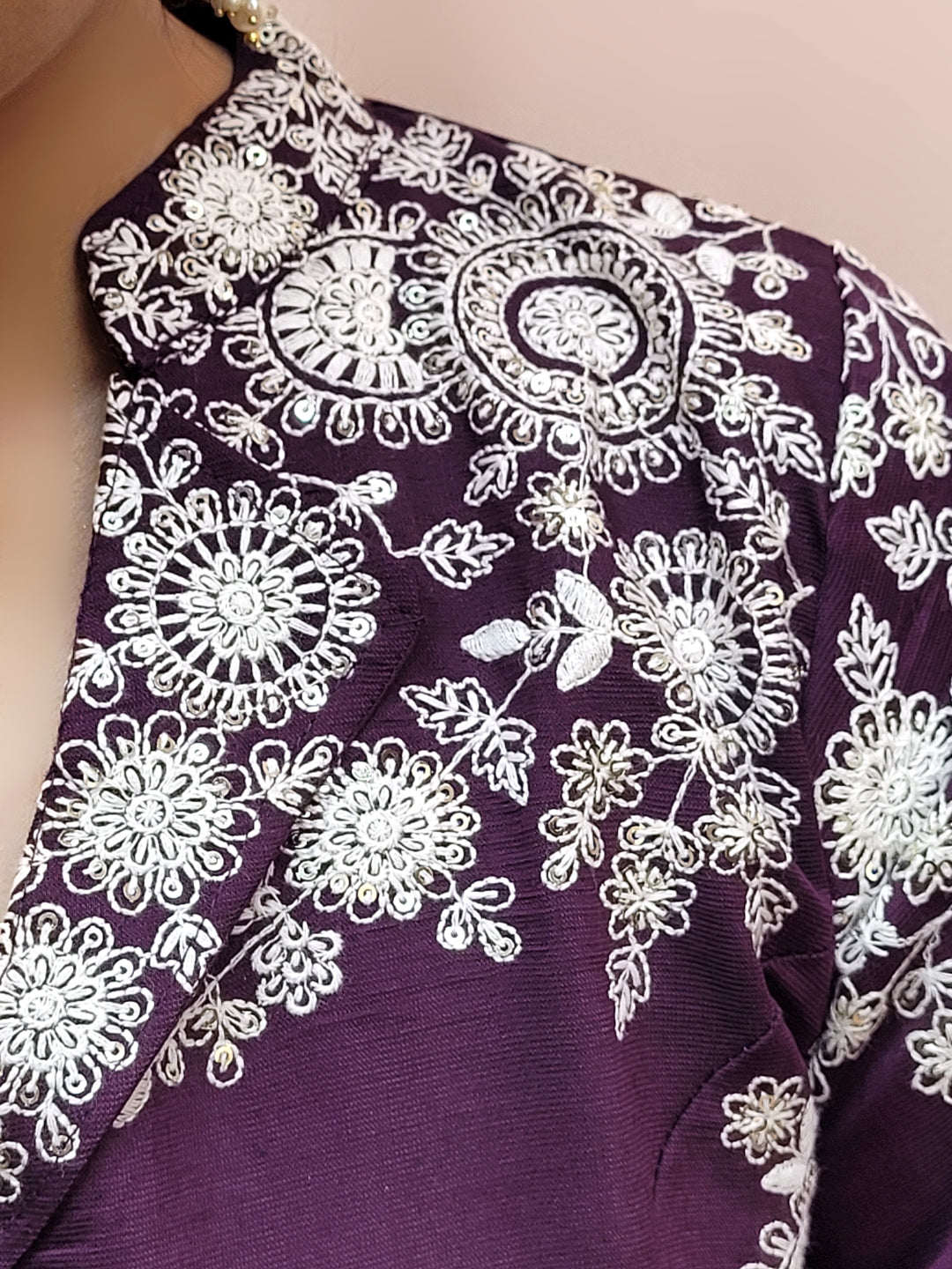 Purple Indo Western Palazzo Dress. White Resham embroidery on collar, sleeves and daaman.