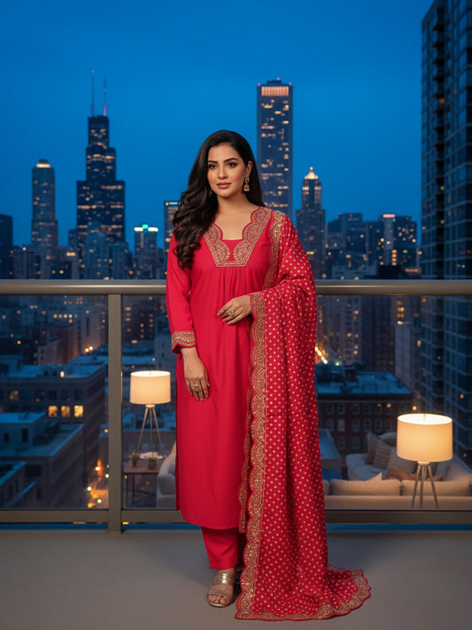 V-Neck Red Kurta Set for Women