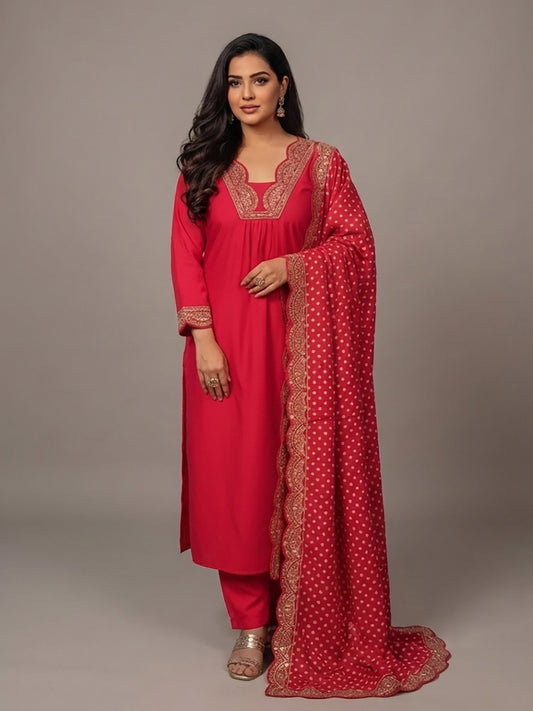 V-Neck Red Party Wear Suit Set for Women