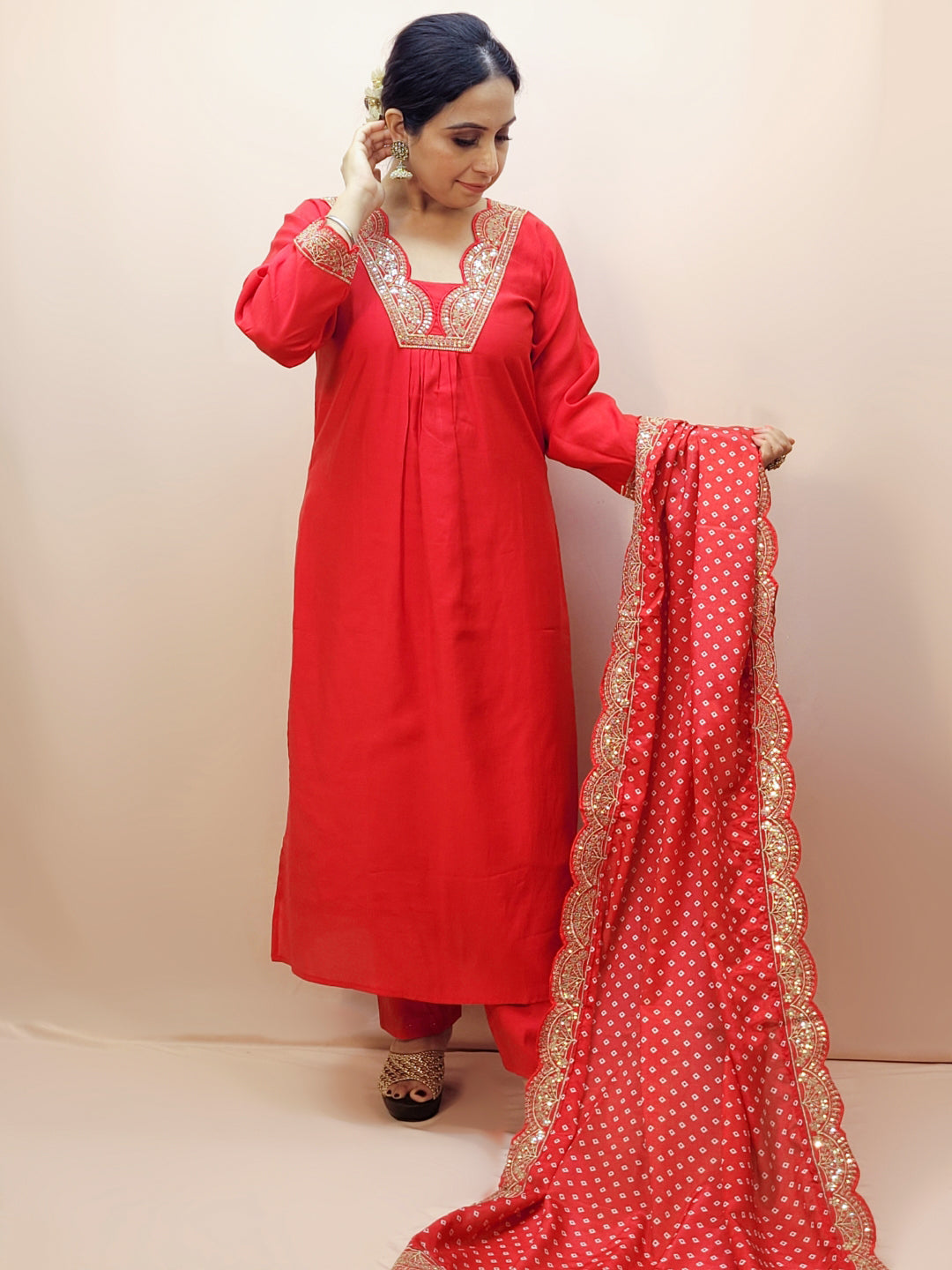 V-Neck Red Kurta Set for Women
