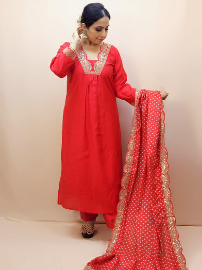 V-Neck Red Kurta Set for Women