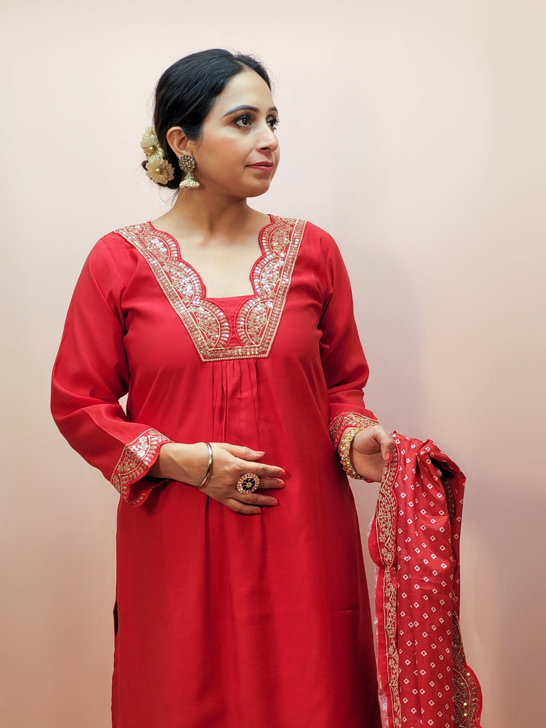 V-Neck Red Kurta Set for Women