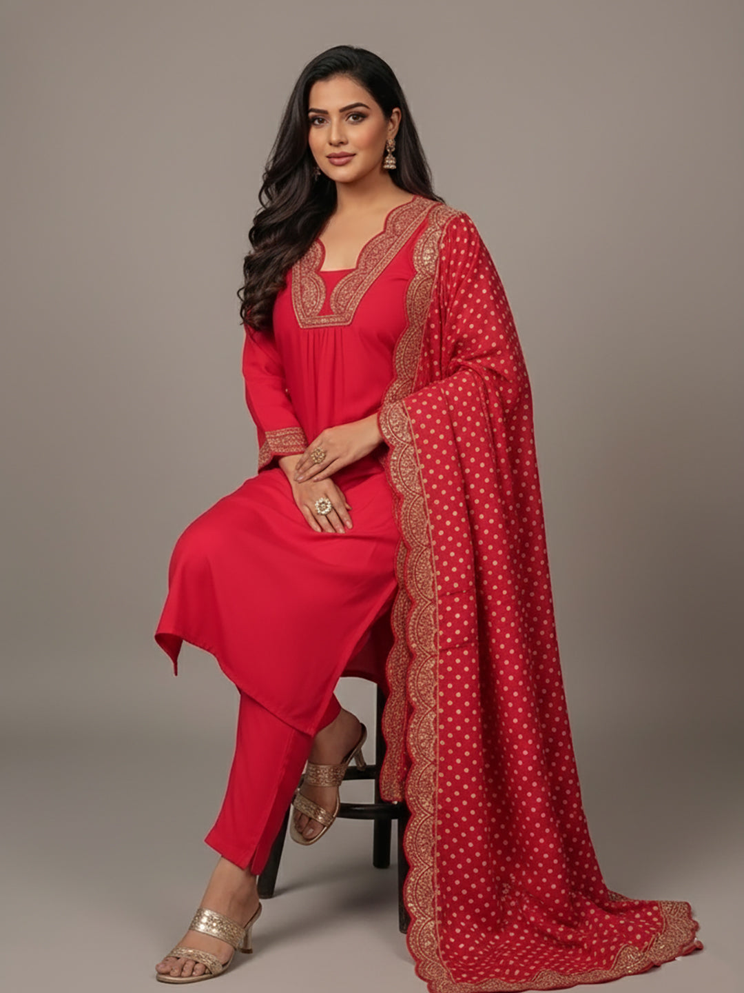 V-Neck Red Party Wear Suit Set for Women