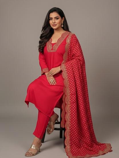 V-Neck Red Party Wear Suit Set for Women