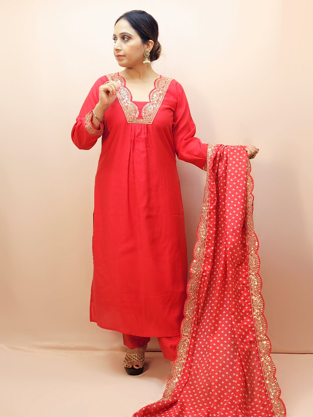 V-Neck Red Kurta Set for Women