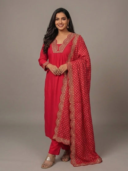 V-Neck Red Party Wear Suit Set for Women