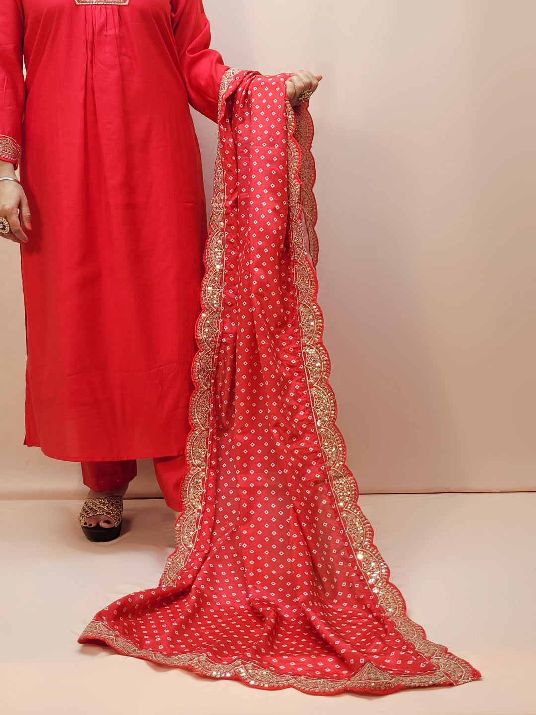 V-Neck Red Kurta Set for Women