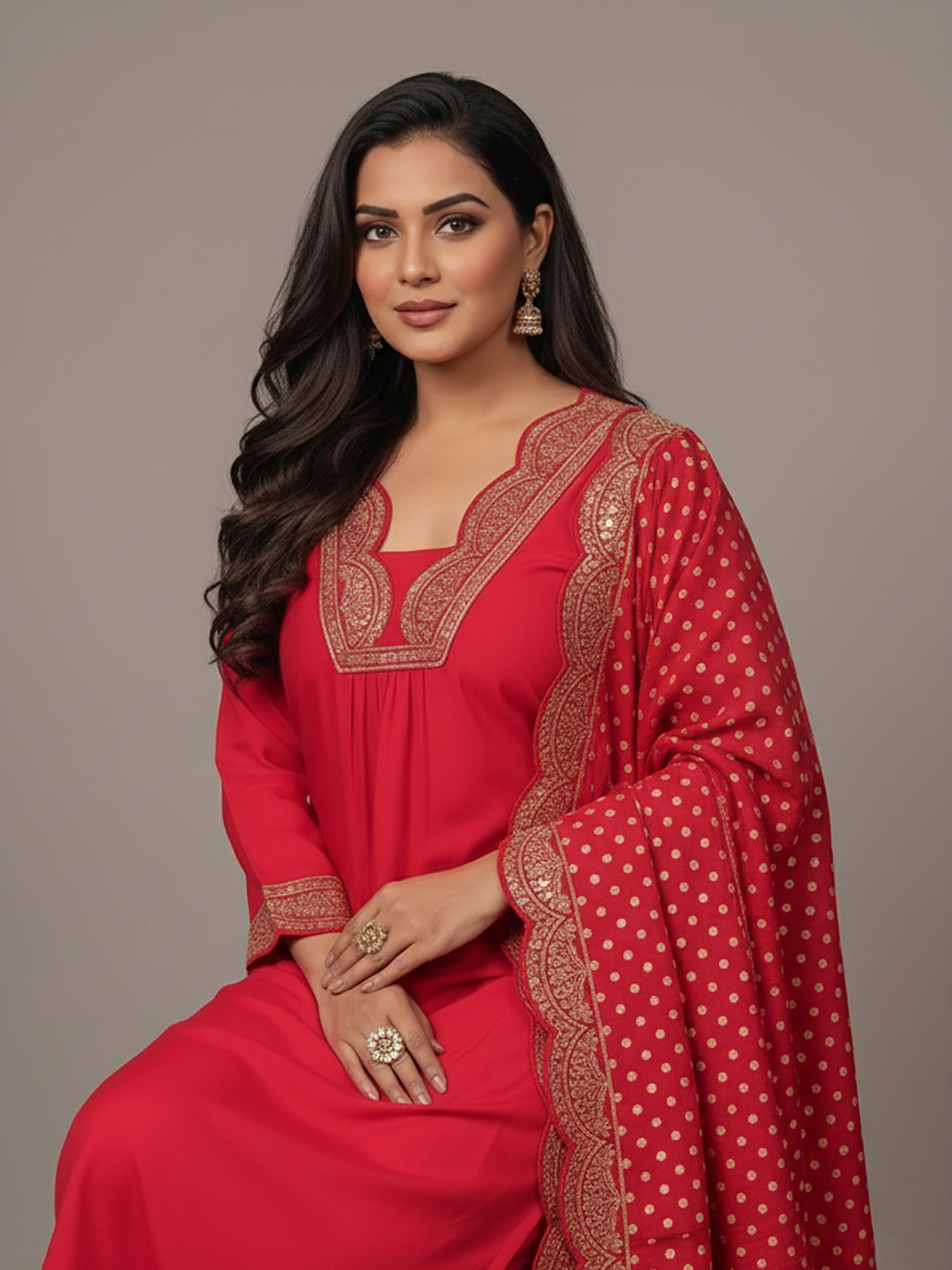 V-Neck Red Party Wear Suit Set for Women
