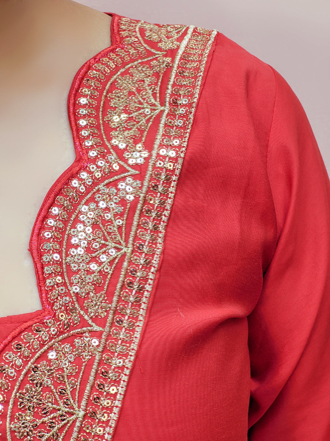 V-Neck Red Kurta Set for Women