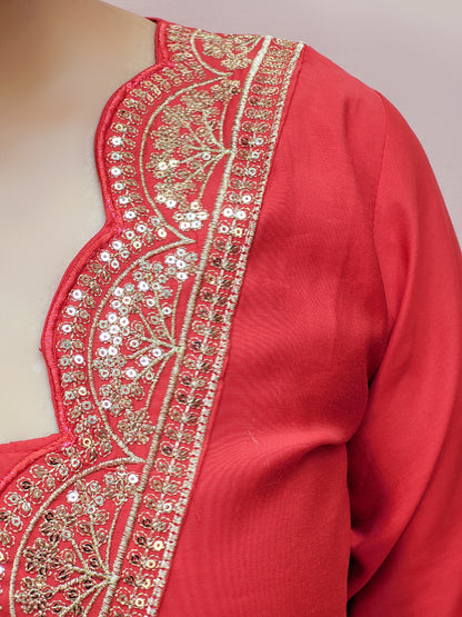 V-Neck Red Kurta Set for Women