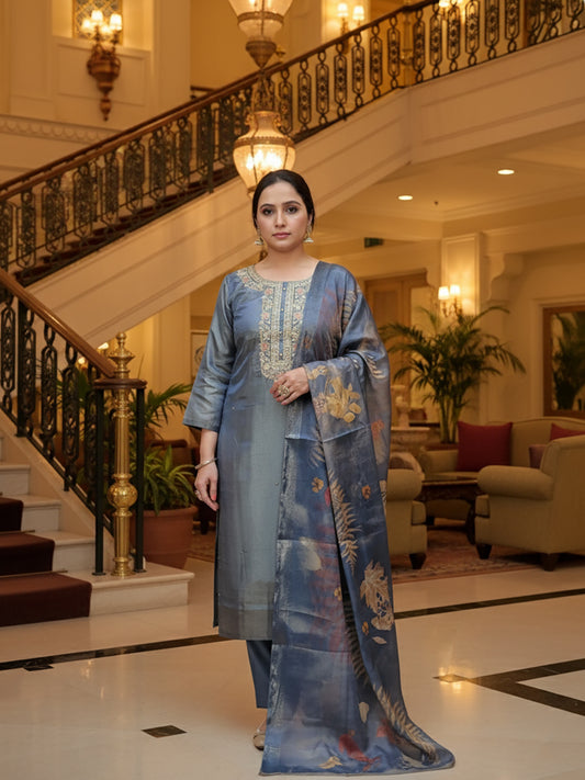 Silk Blend Grey Kurta Set for Women