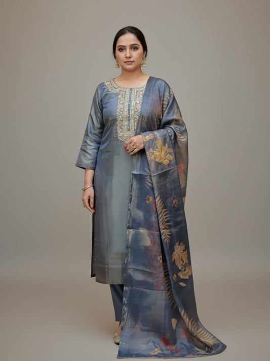 Silk Blend Grey Straight Suit Set for Women