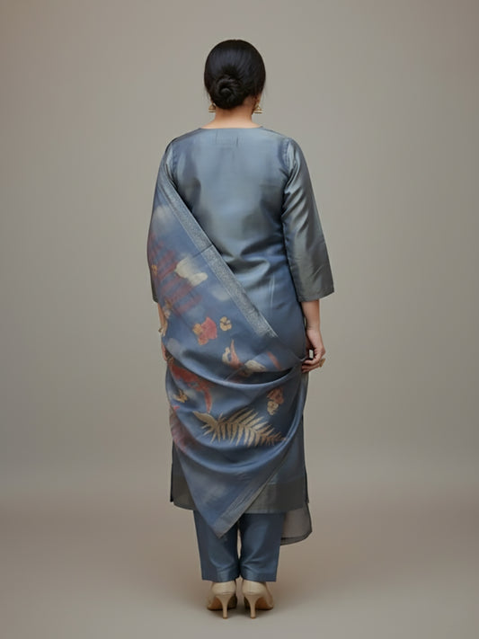 Silk Blend Grey Straight Suit Set for Women
