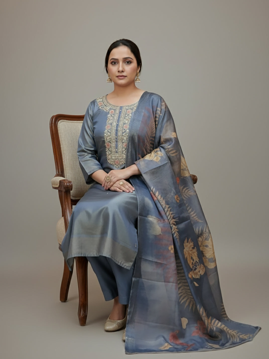 Silk Blend Grey Straight Suit Set for Women